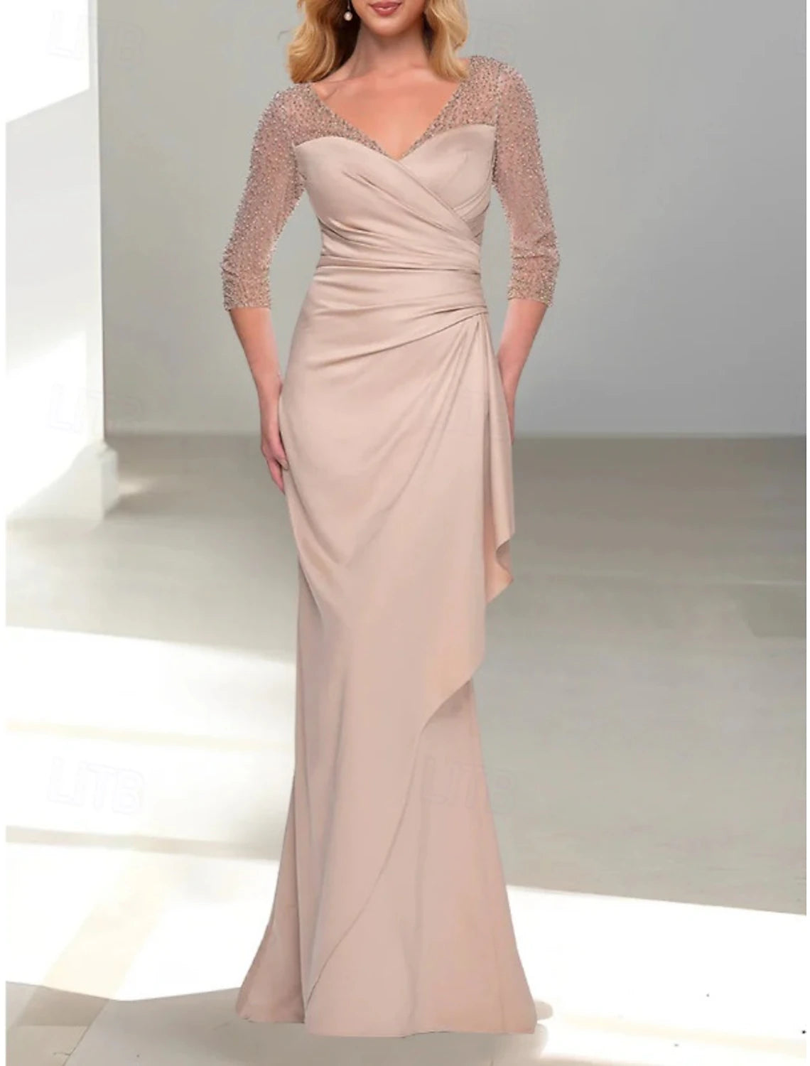 Buyishang Mermaid / Trumpet Dress Mother of the Bride Dress Elegant V Neck Floor Length Satin 3/4 Length Sleeve with Pleats Beading Ruffles